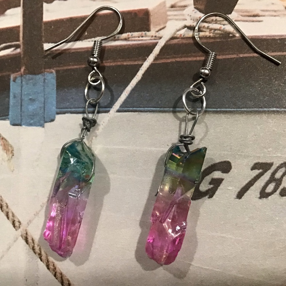 Natural crystal earrings mermaid 925 silver boho